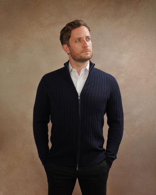 Mens Pure Cashmere Ribbed Zip-Up Cardigan