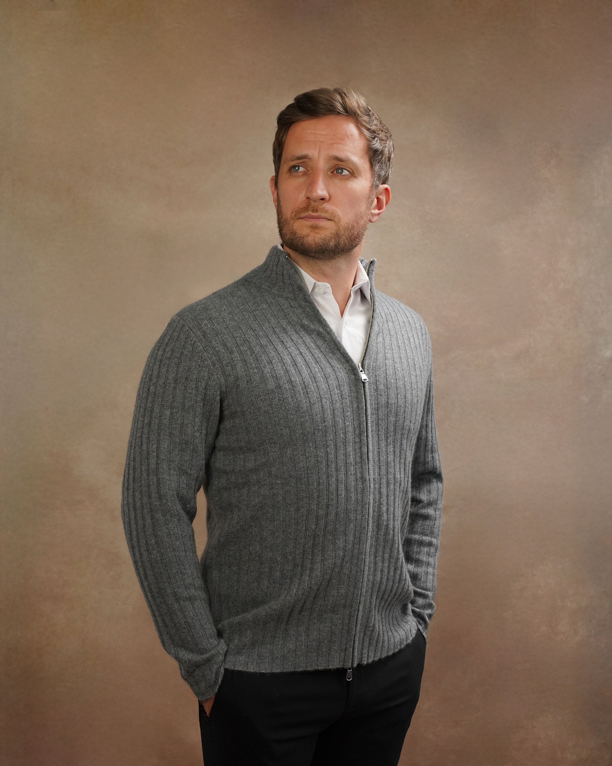 Mens Pure Cashmere Ribbed Zip-Up Cardigan
