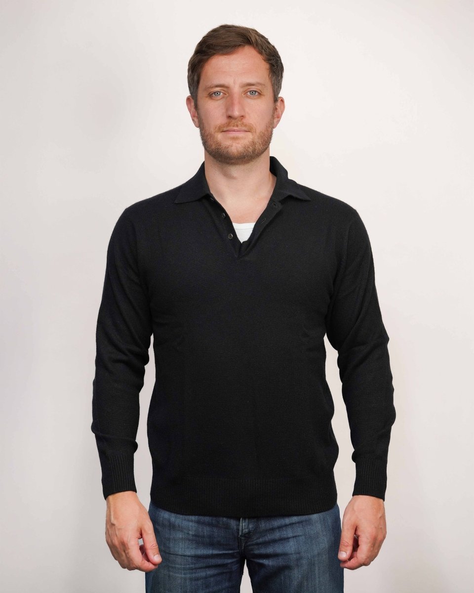 Men's Cashmere Black Polo Jumper - LonaScott