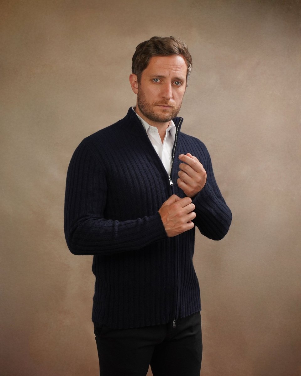 Mens Pure Cashmere Ribbed Zip - Up Cardigan - LonaScott