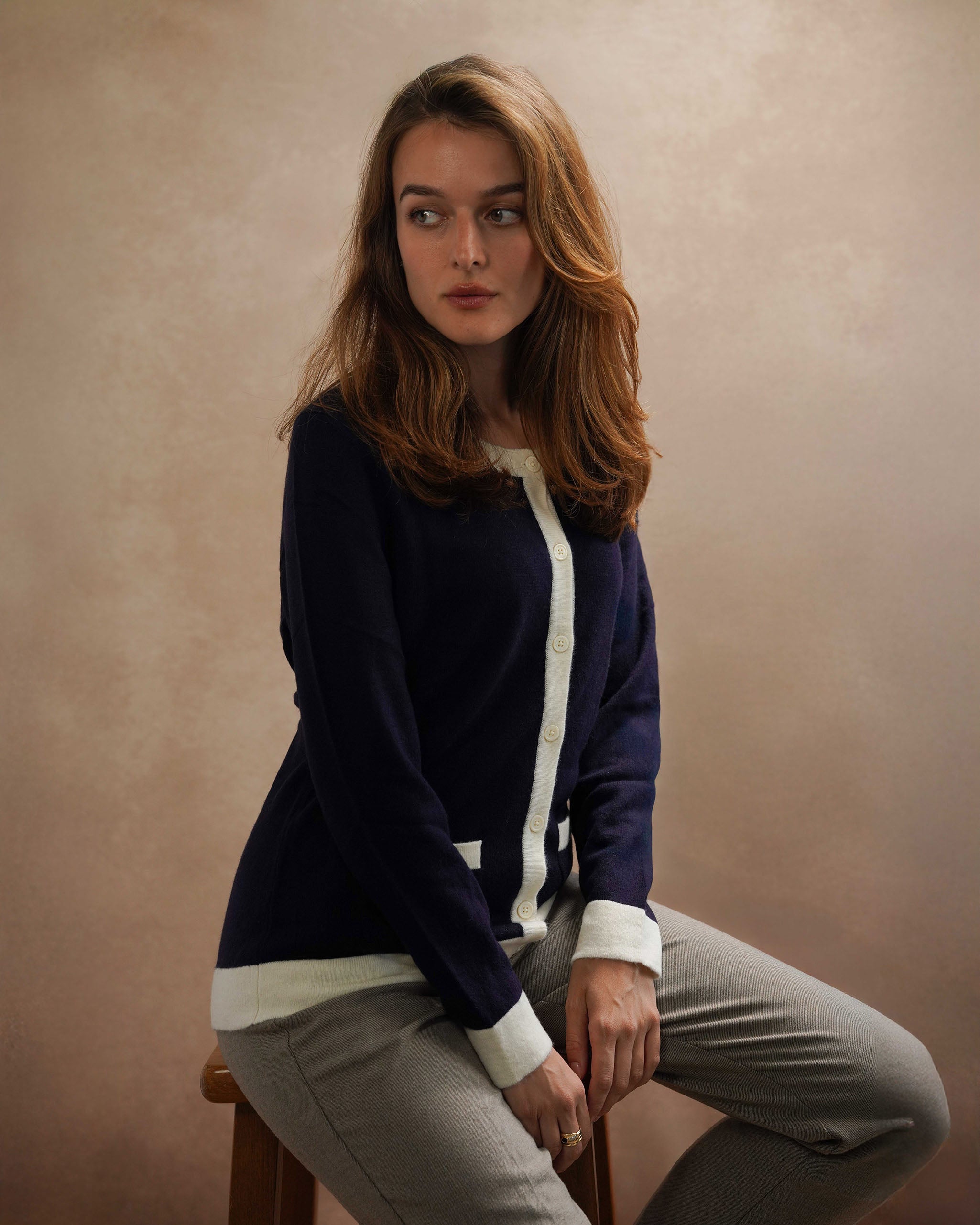 Women's Two-Tone Trim Cashmere Cardigan
